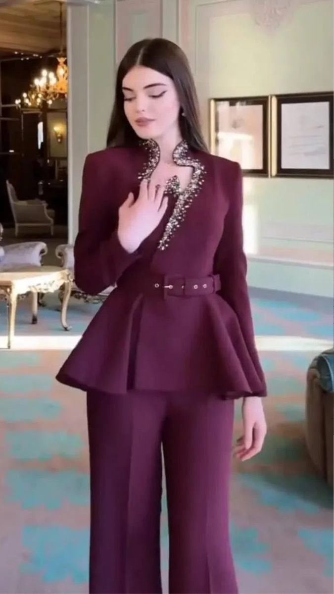 Rhinestone Designed Neckline Peplum Top And Pant Coord Set FC2603