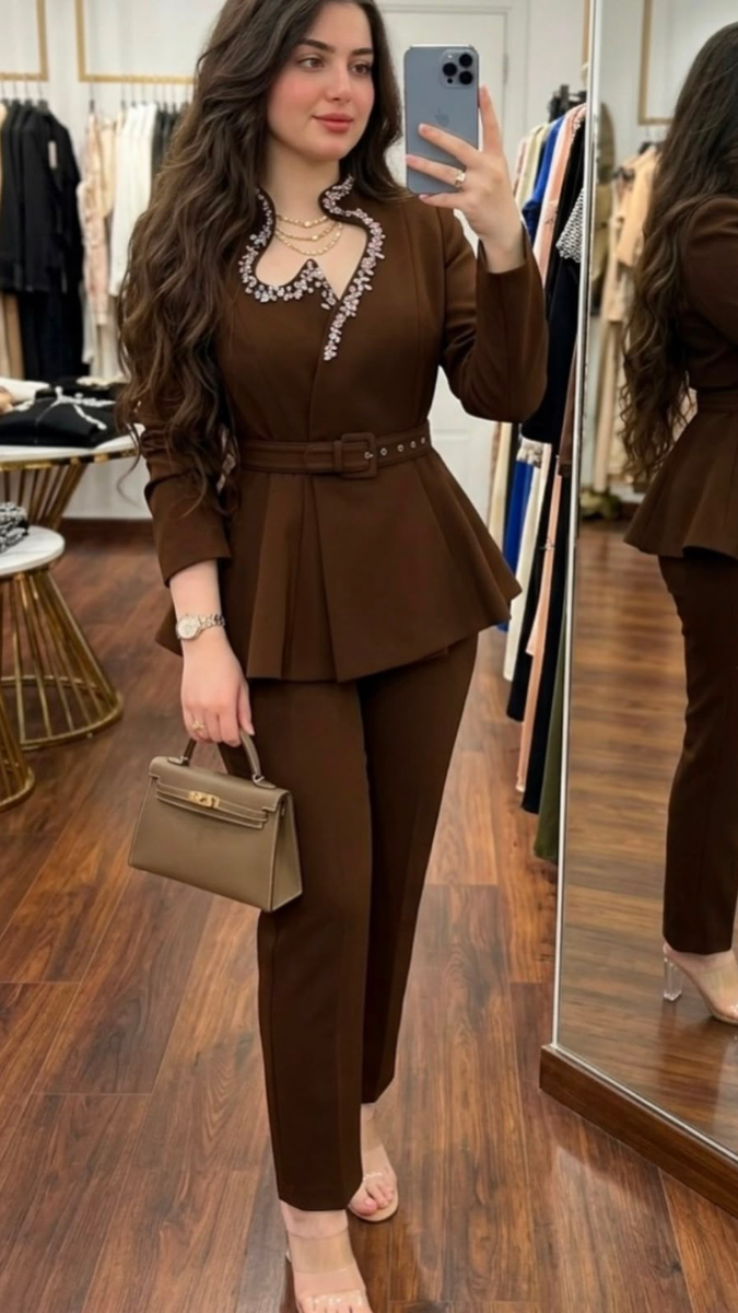 Rhinestone Designed Neckline Peplum Top And Pant Coord Set FC2603