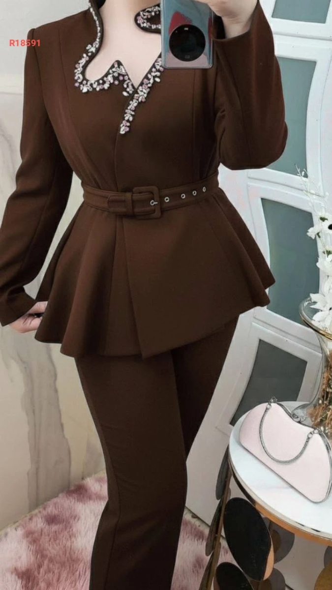Rhinestone Designed Neckline Peplum Top And Pant Coord Set FC2603