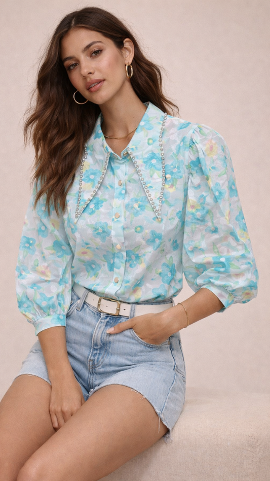 Rhinestone Designed Pointed Collar Printed Half Sleeve Shirt FC2389