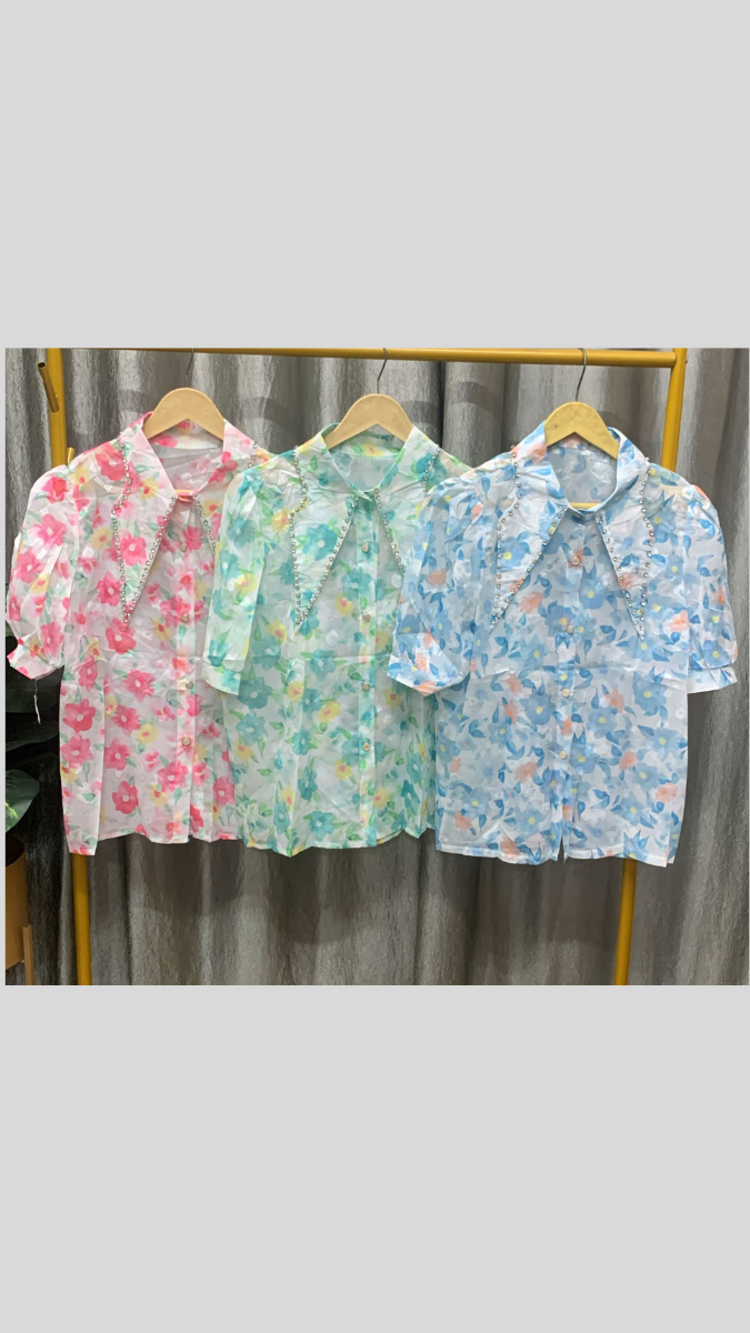 Rhinestone Designed Pointed Collar Printed Half Sleeve Shirt FC2389