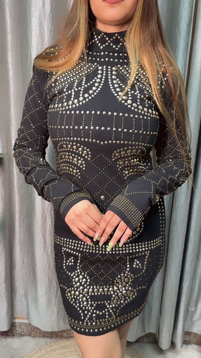 Rhinestone Designed Round Neck Bodycon Dress FC2136