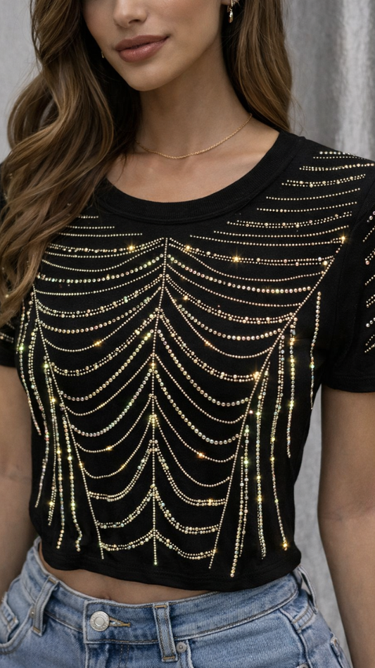 Rhinestone Designed Round Neck Half Sleeve Top FC2303