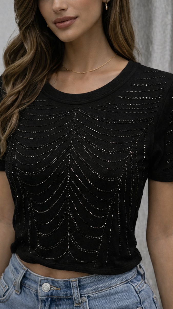 Rhinestone Designed Round Neck Half Sleeve Top FC2303