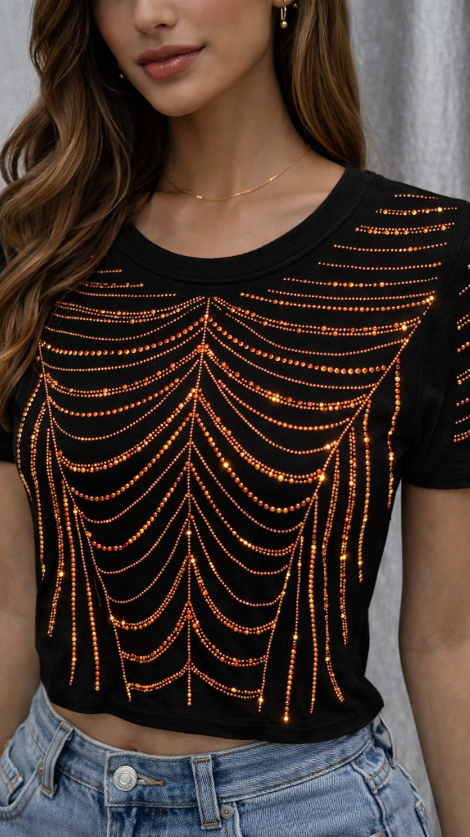 Rhinestone Designed Round Neck Half Sleeve Top FC2303