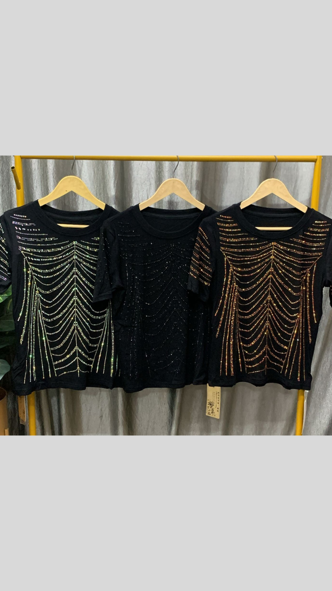 Rhinestone Designed Round Neck Half Sleeve Top FC2303