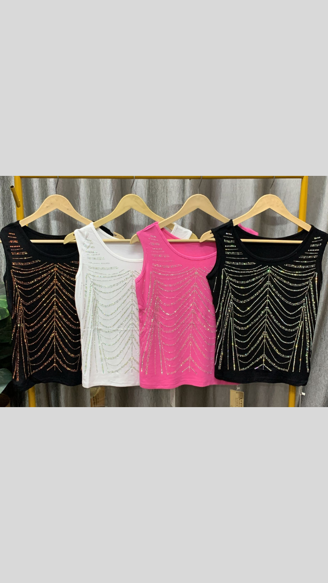 Rhinestone Designed Round Neck Sleeveless Top FC2308