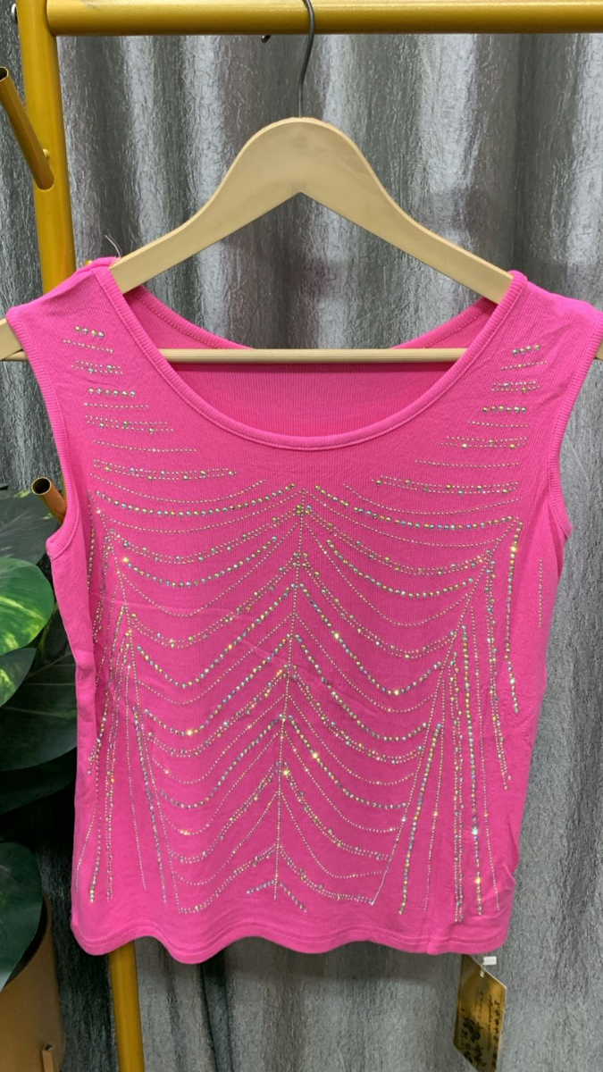 Rhinestone Designed Round Neck Sleeveless Top FC2308