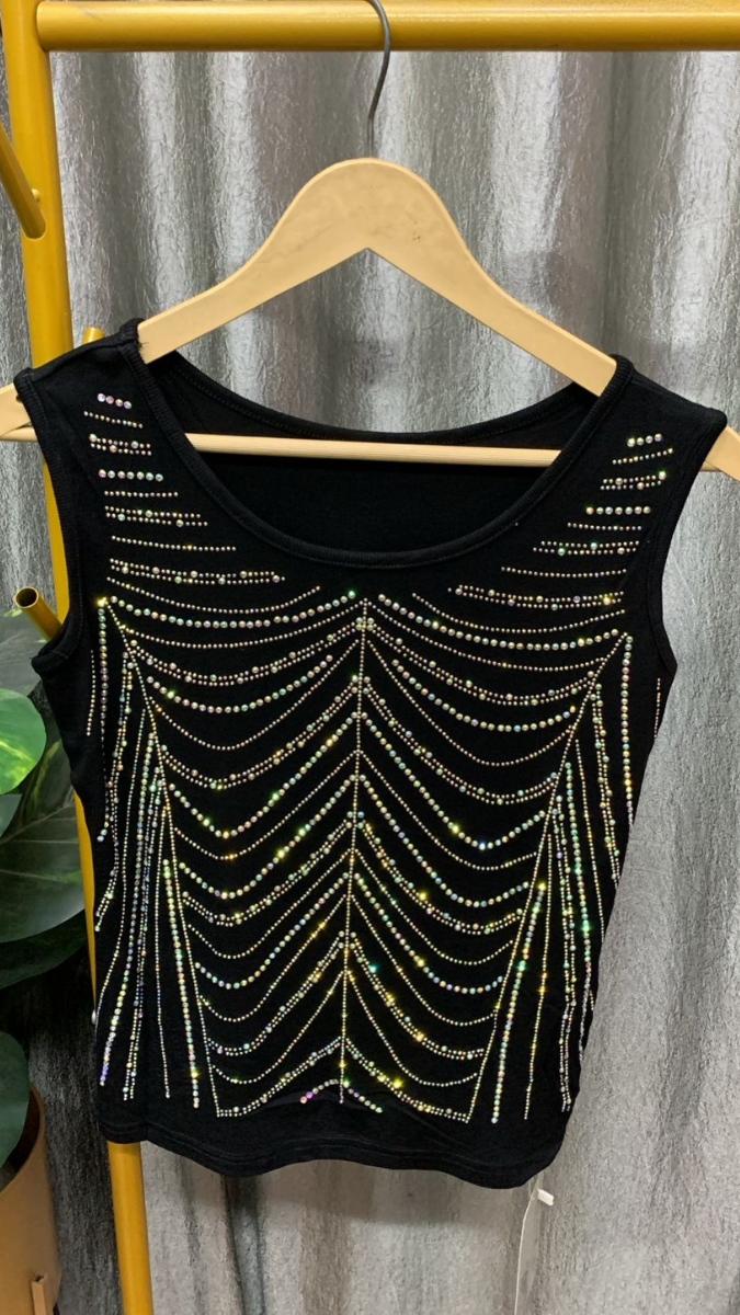 Rhinestone Designed Round Neck Sleeveless Top FC2308