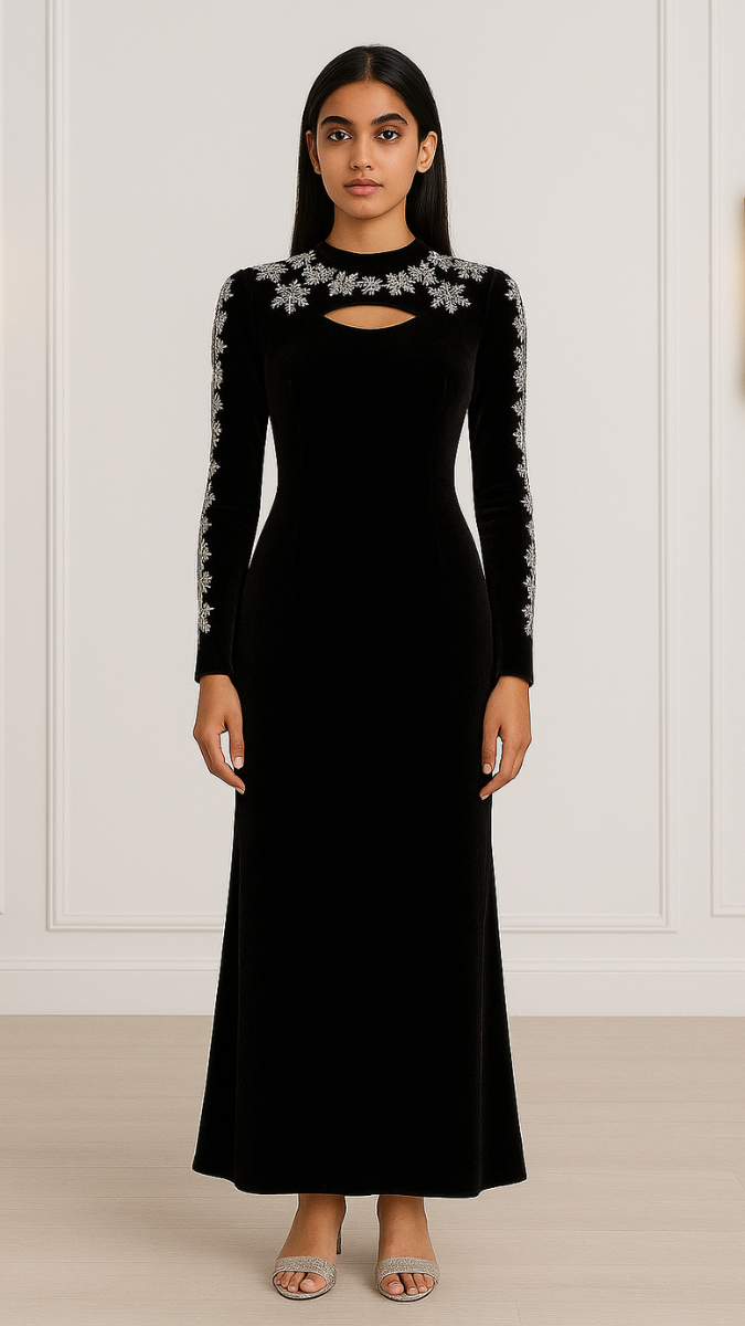 Rhinestone Designed Sleeve And Neckline Dress With Slit on Neck FC1964