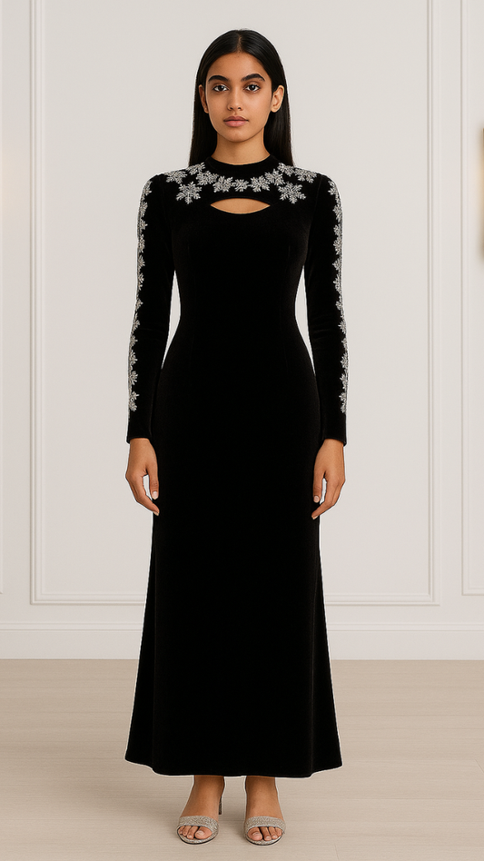 Rhinestone Designed Sleeve And Neckline Dress With Slit on Neck FC1964