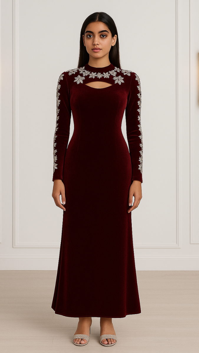 Rhinestone Designed Sleeve And Neckline Dress With Slit on Neck FC1964