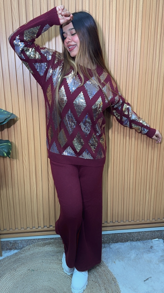 Rhinestone Designed Top And Pant Coord Set FC2074