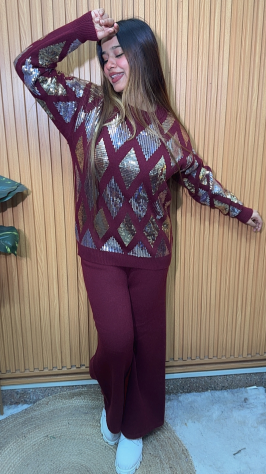 Rhinestone Designed Top And Pant Coord Set FC2074