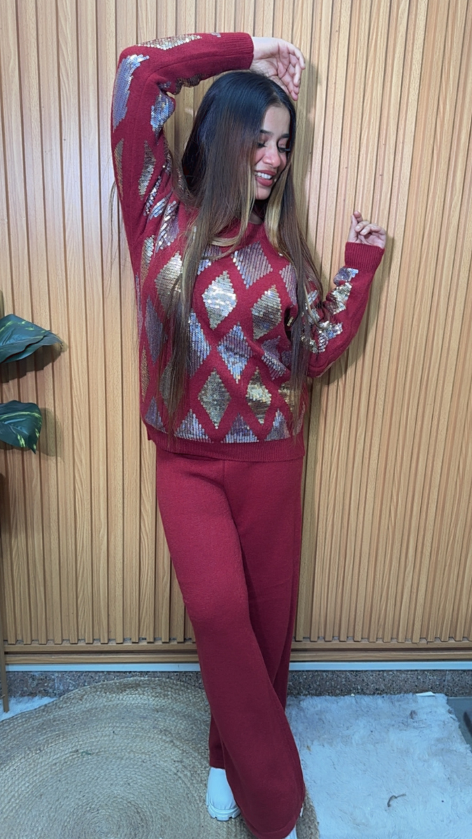 Rhinestone Designed Top And Pant Coord Set FC2074