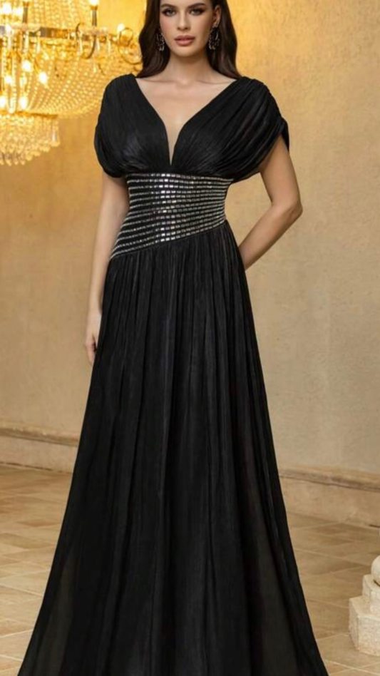 Rhinestone Designed Waist Deep V Neck Dress FC2517