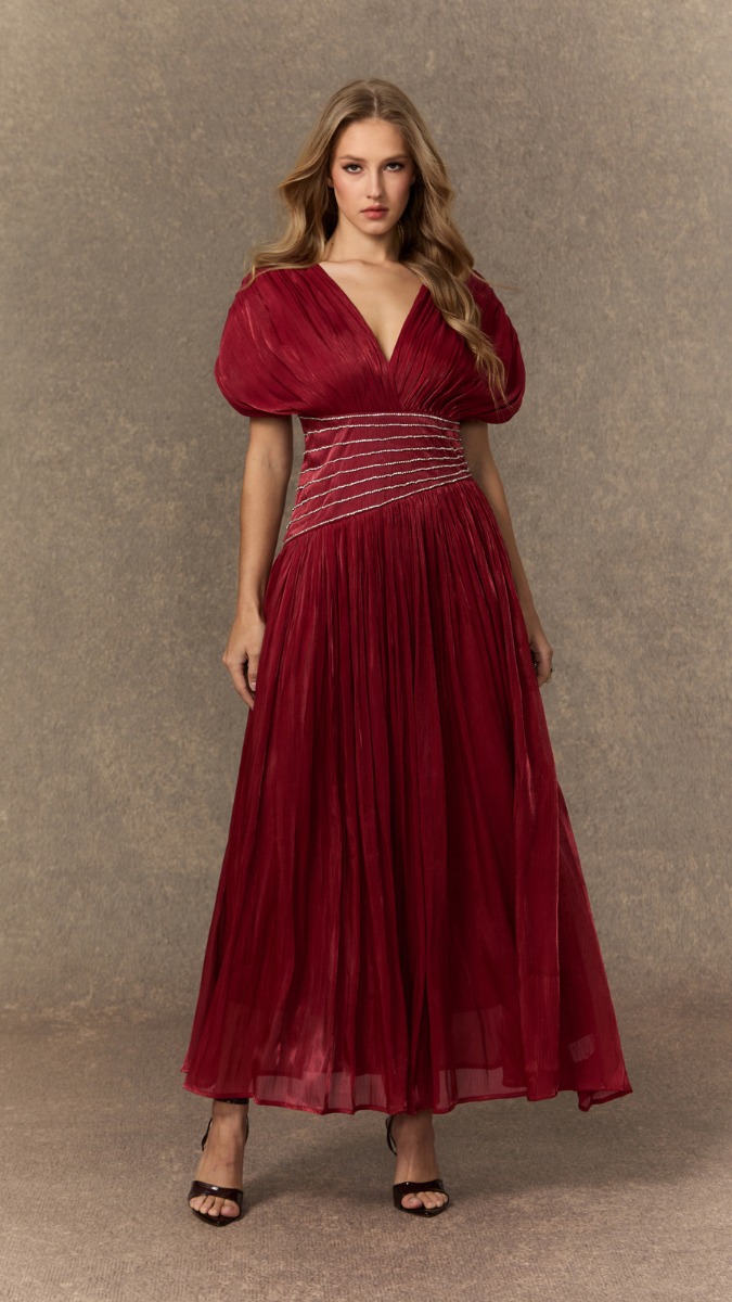 Rhinestone Designed Waist Deep V Neck Dress FC2517