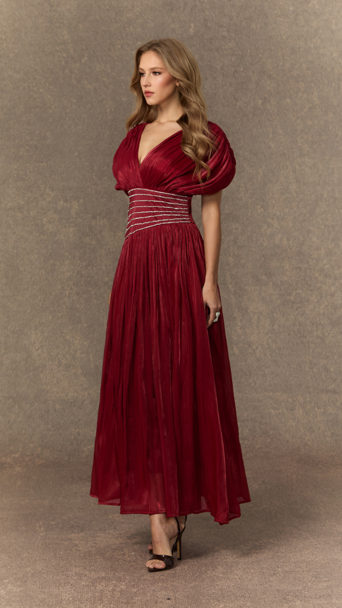 Rhinestone Designed Waist Deep V Neck Dress FC2517