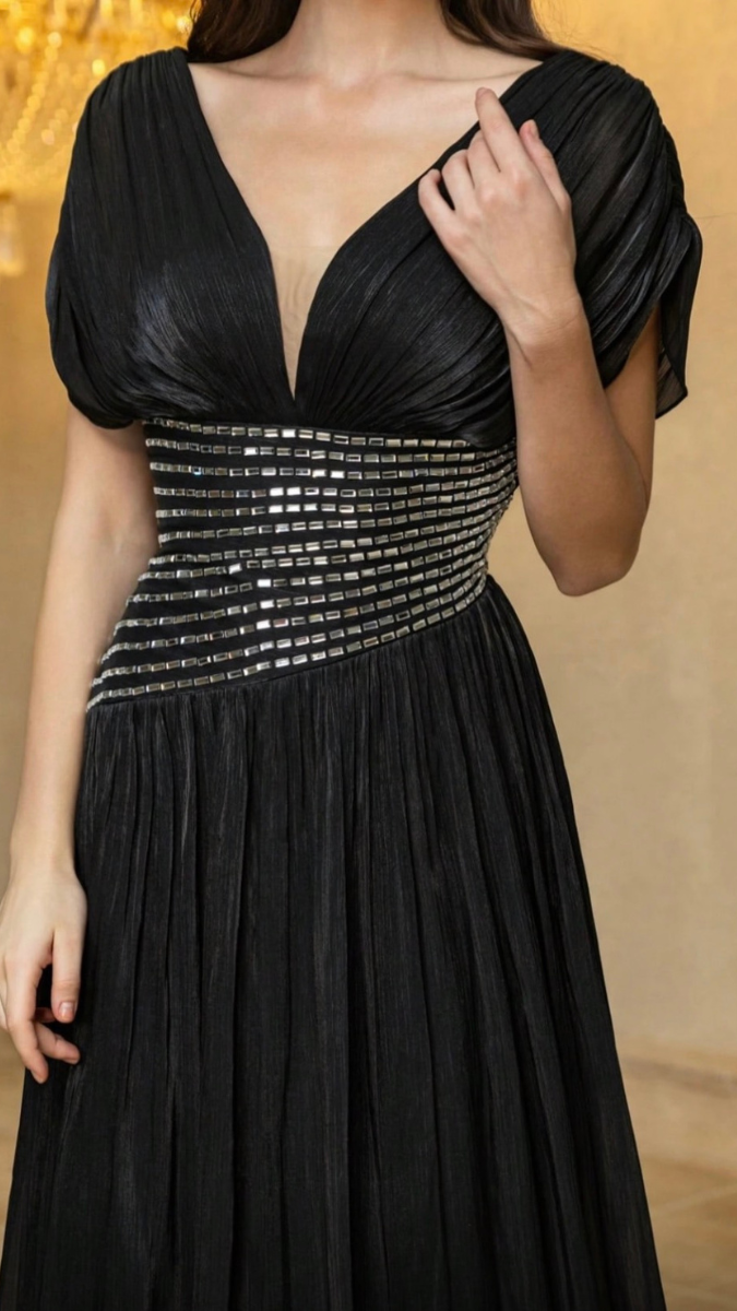 Rhinestone Designed Waist Deep V Neck Dress FC2517