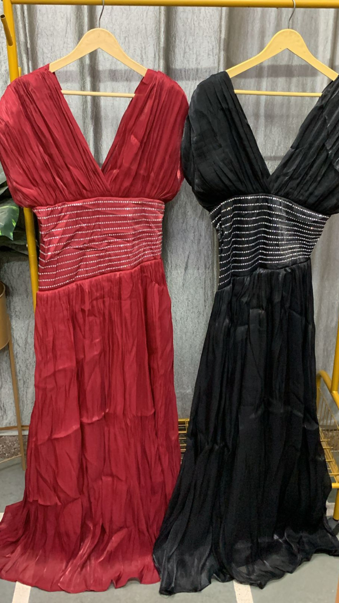Rhinestone Designed Waist Deep V Neck Dress FC2517