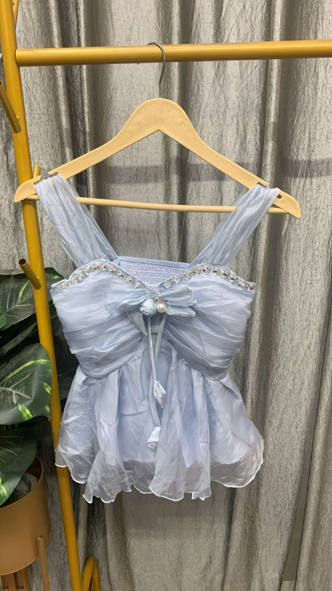 Rhinestone Embedded Chiffon Fairy Crop Top FC2551