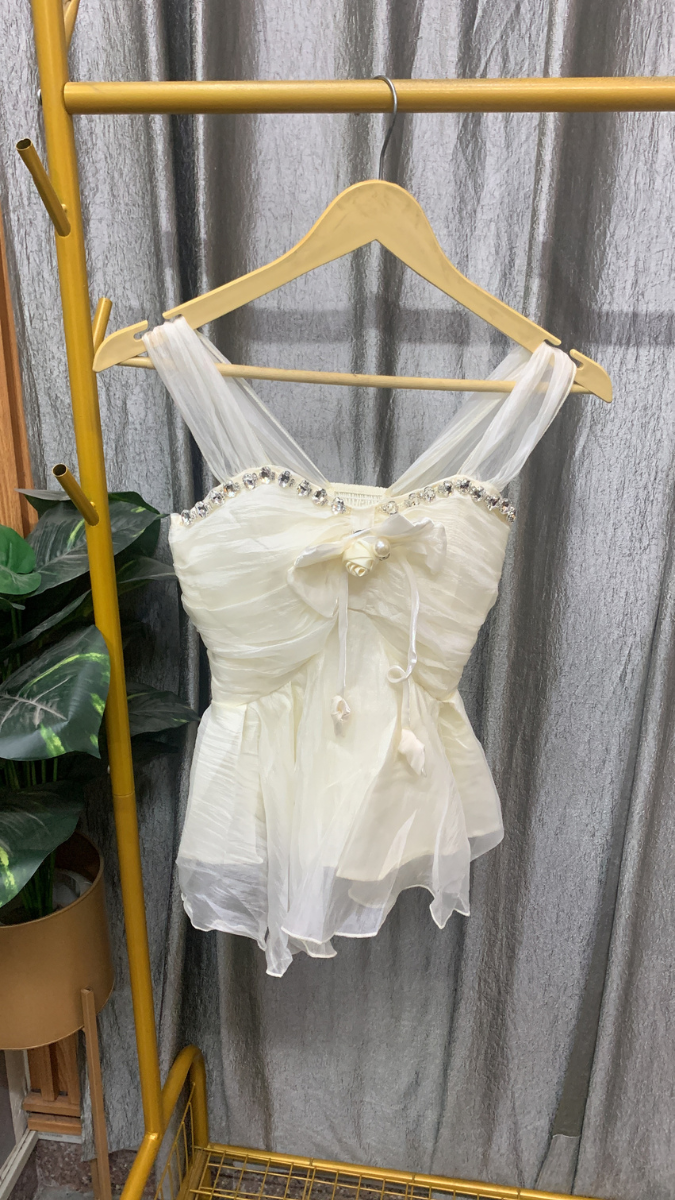 Rhinestone Embedded Chiffon Fairy Crop Top FC2551