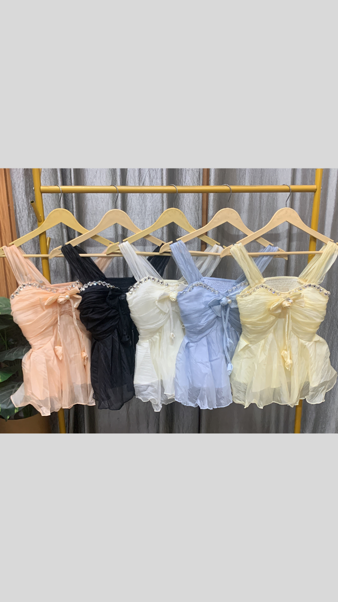 Rhinestone Embedded Chiffon Fairy Crop Top FC2551