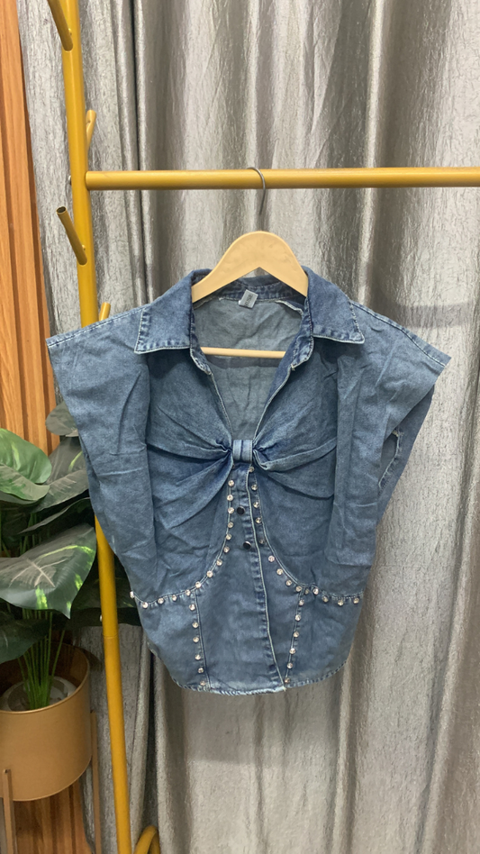 Rhinestone Embedded Denim Crop Top FC2557