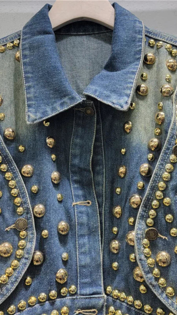 Rhinestone Embedded Dual Color Denim Jacket FC1628