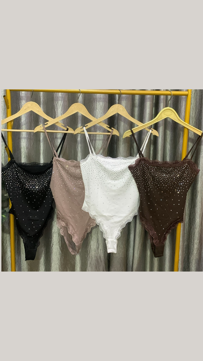 Rhinestone Embedded Lace Designed Bodysuit FC2195