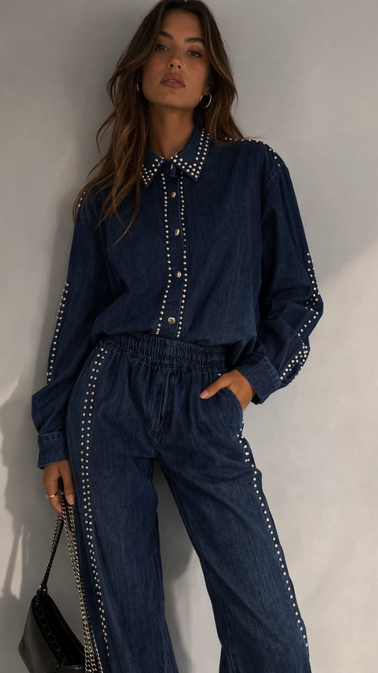 Rhinestone Embedded Shirt And Pant Denim Coord Set 2292