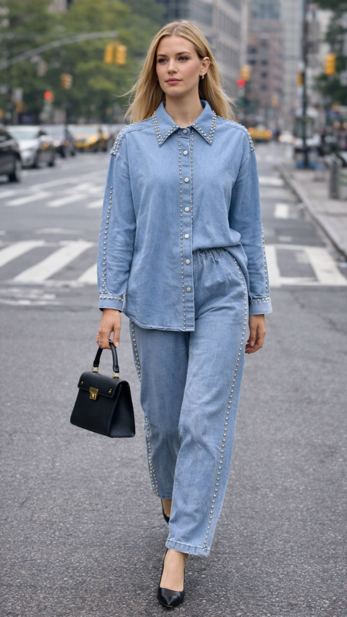 Rhinestone Embedded Shirt And Pant Denim Coord Set 2292