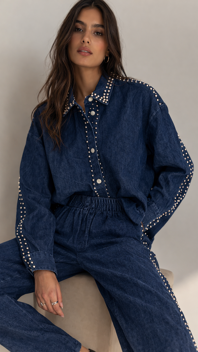 Rhinestone Embedded Shirt And Pant Denim Coord Set 2292
