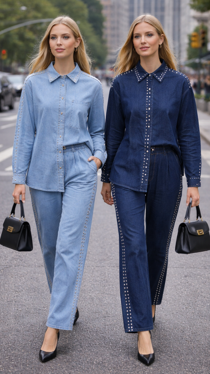 Rhinestone Embedded Shirt And Pant Denim Coord Set 2292