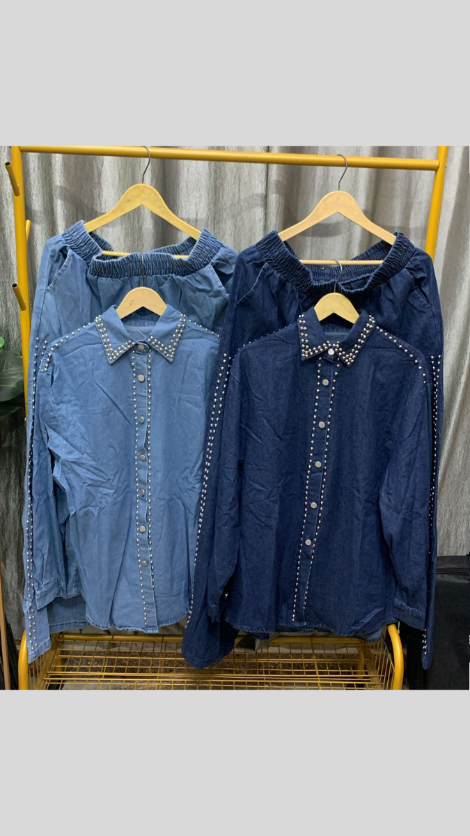 Rhinestone Embedded Shirt And Pant Denim Coord Set 2292