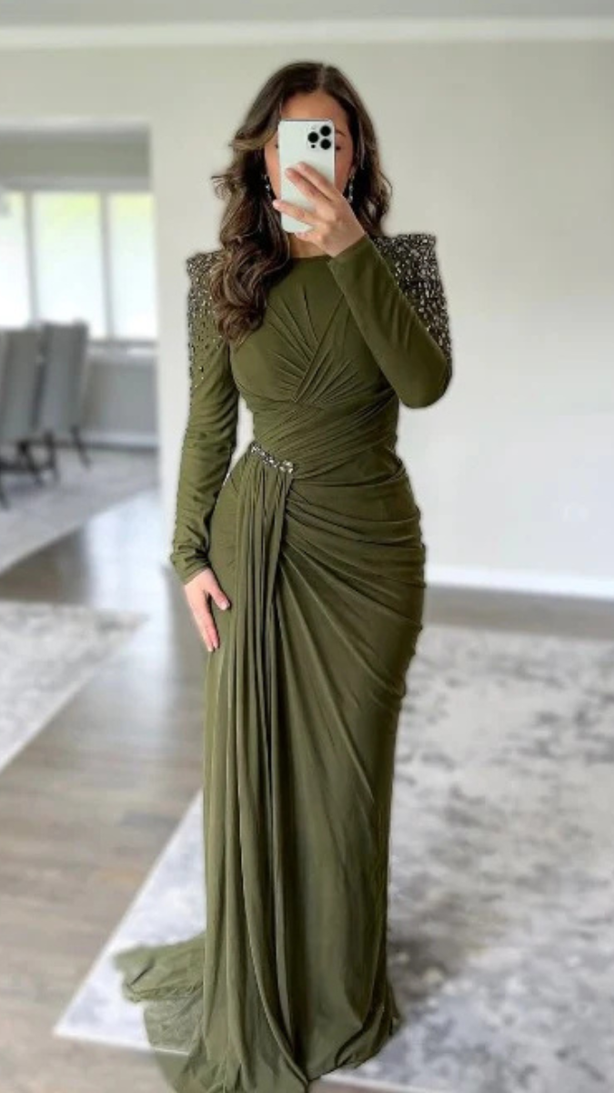 Rhinestone Embedded Shoulder With Side Pleaded Dress FC2053