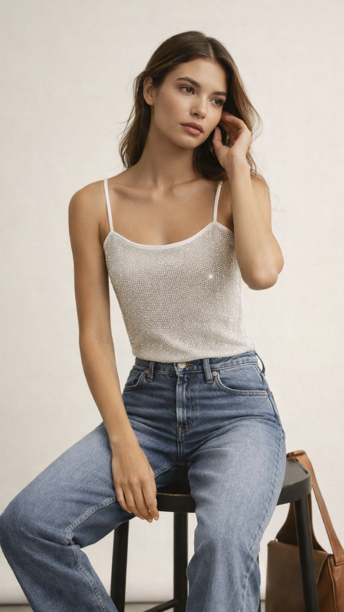 Rhinestone Embedded Strap Sleeve Top FC2306