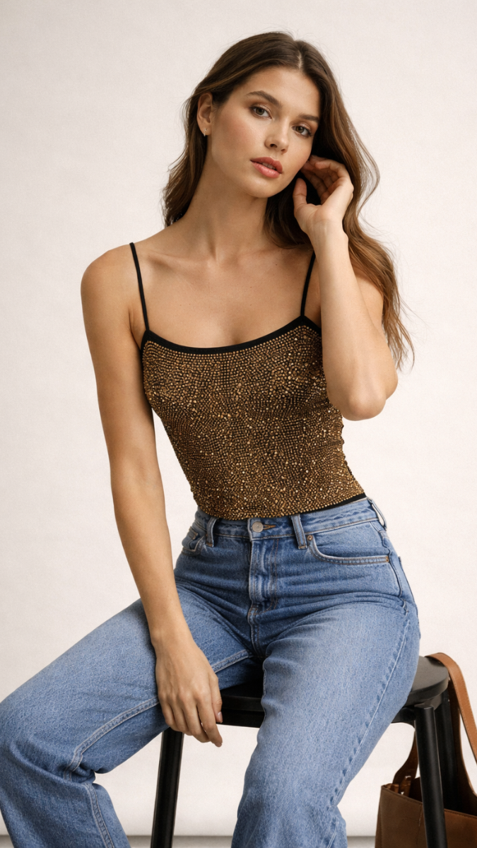 Rhinestone Embedded Strap Sleeve Top FC2306