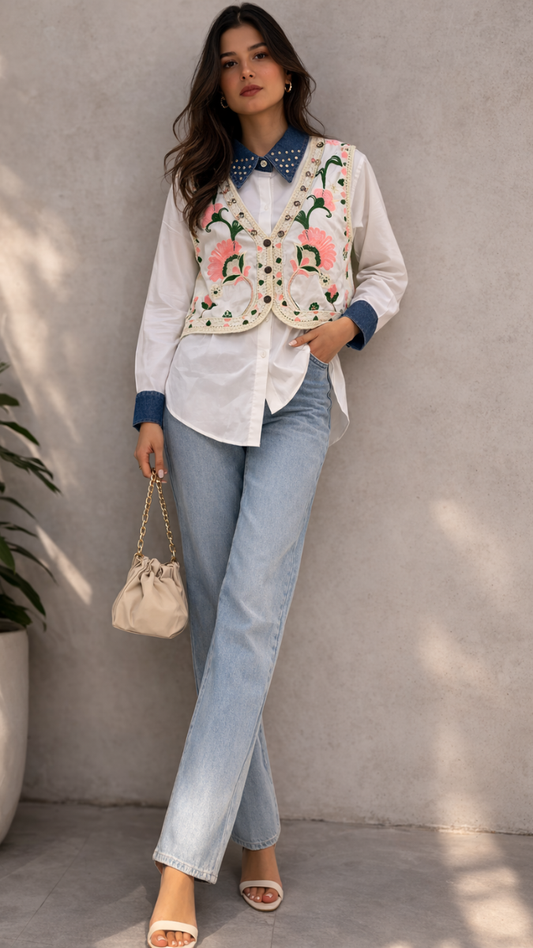 Rhinestone Floral Designed Vest With Plain Shirt FC2249