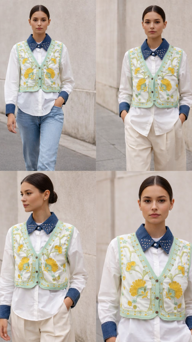 Rhinestone Floral Designed Vest With Plain Shirt FC2249