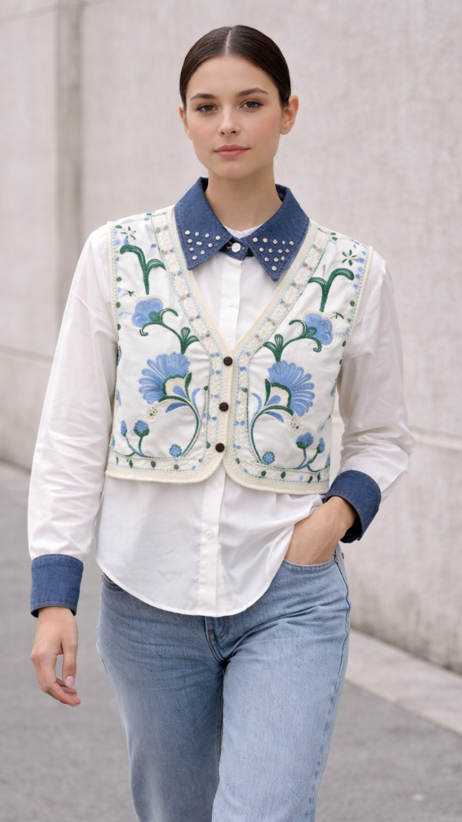 Rhinestone Floral Designed Vest With Plain Shirt FC2249