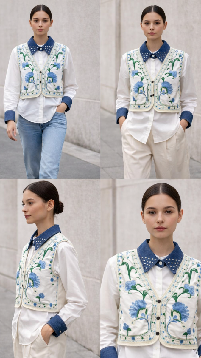 Rhinestone Floral Designed Vest With Plain Shirt FC2249