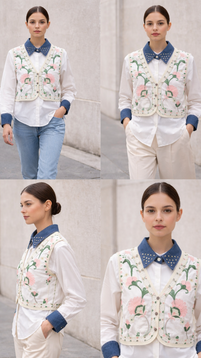 Rhinestone Floral Designed Vest With Plain Shirt FC2249