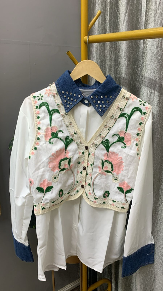 Rhinestone Floral Designed Vest With Plain Shirt FC2249