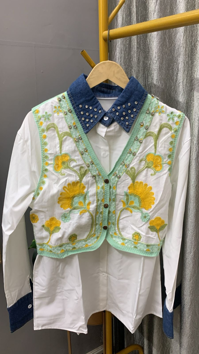 Rhinestone Floral Designed Vest With Plain Shirt FC2249