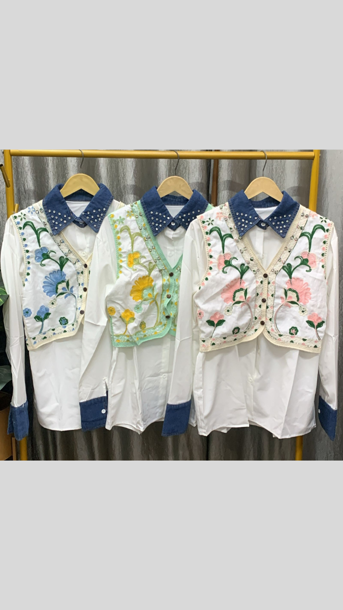 Rhinestone Floral Designed Vest With Plain Shirt FC2249