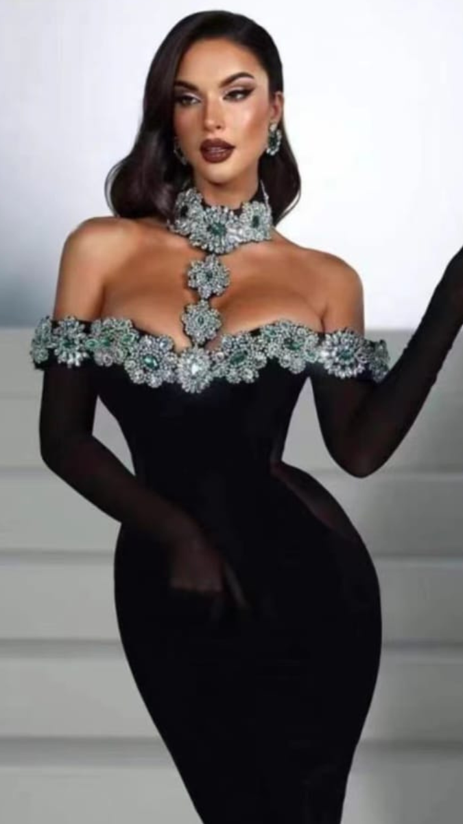 Rhinestone Flower Neckline Bodycon Dress FC1693