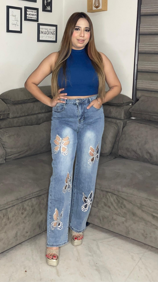 Rhinestone Design Butterfly Cut Out Jeans FC1937