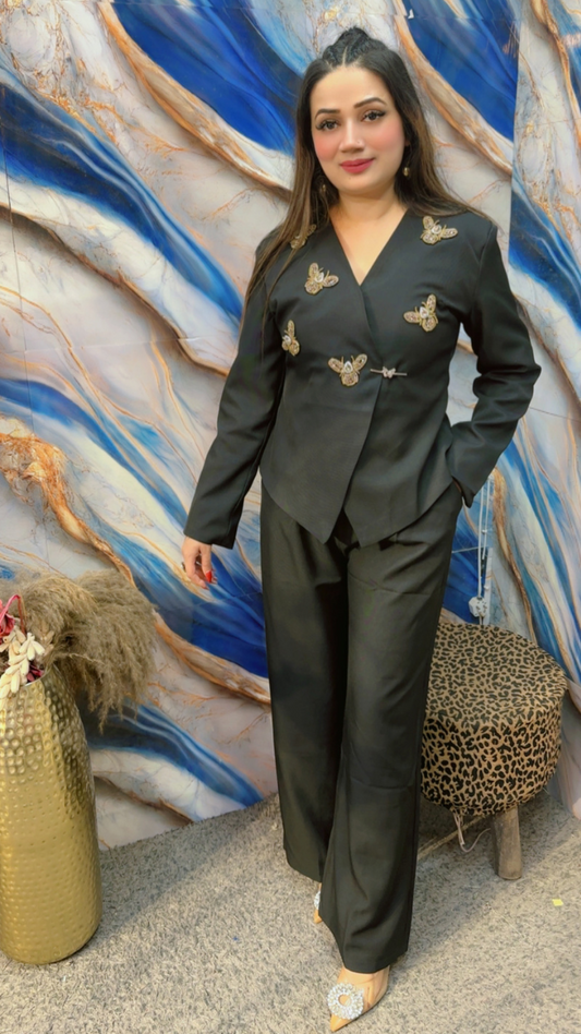Rhinestone Design Embedded Coat With Pant FC1928
