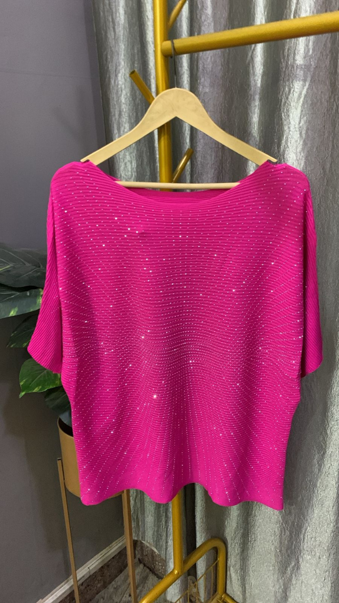 Rhinestone Designed Boat Neck Loose Sleeve Top FC2185